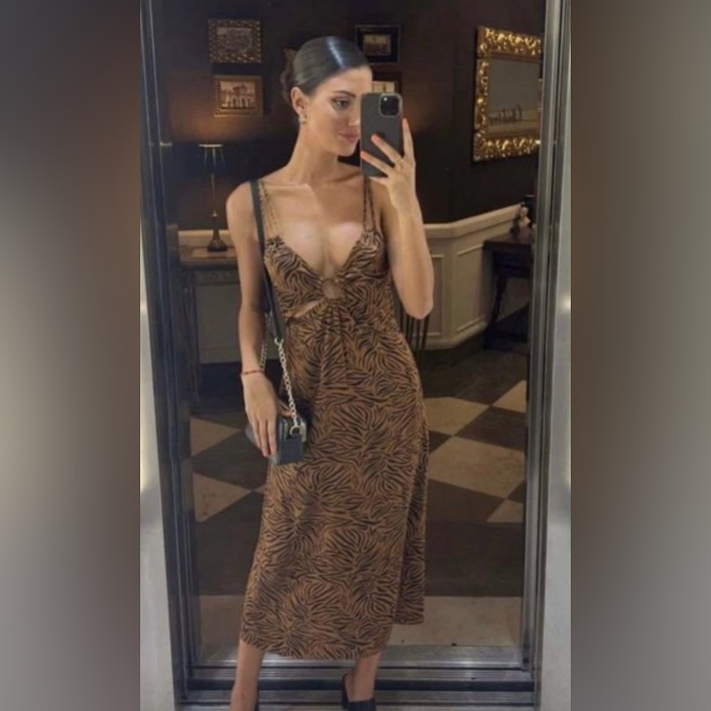 Zara animal print Spaghetti Strap Slip Midi Dress Xu
